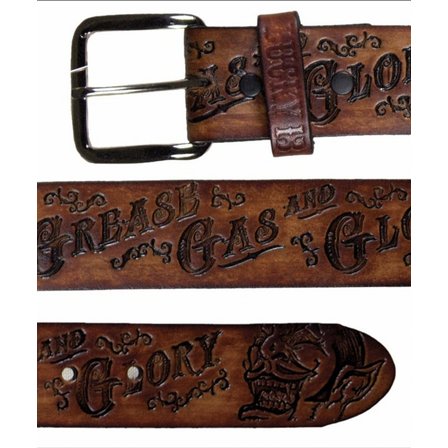 LUCKY 13 EMBOSSED LEATHER BELT - The Grease, Gas & Glory Antiqued brown