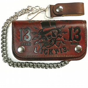 LUCKY 13 EMBOSSED 6" LEATHER WALLET - DEATH OR GLORY Antiqued brown